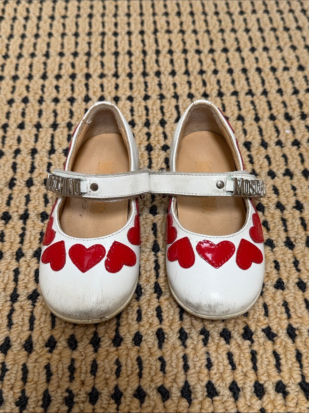 Moschino kids White Mary Jane Shoes with Red Heart Appliqués